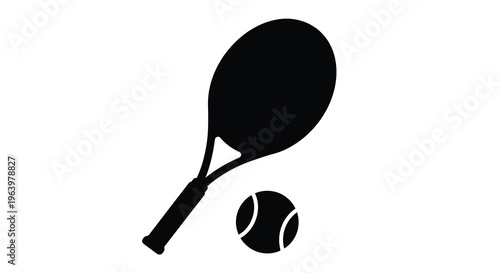A minimalist silhouette depicts a tennis racket positioned above a tennis ball showcasing the sport s essential equipment high quality professional