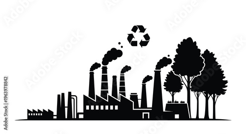A stark black silhouette depicts industrial factories emitting smoke alongside lush trees with a recycling symbol above high quality professional detailed