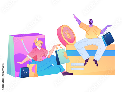 Holiday shopping people doing e-commerce online shopping flat vector concept operation hand drawn illustration
