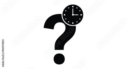 A black question mark graphic incorporates a circular clock face suggesting uncertainty about time or scheduling high quality professional detailed modern