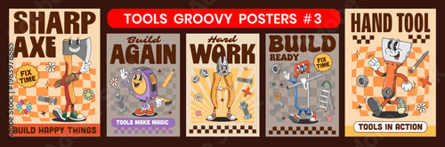 DIY construction and repair tools y2k groovy funky posters. Funky axe, happy tape measure, pliers, screw, pencil, nut, handsaw and spatula in retro sneakers. Groovy vector posters