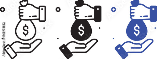 Investment Offering: A graphic illustration shows a hand offering a money bag, representing the concepts of finance, investment, and wealth management.