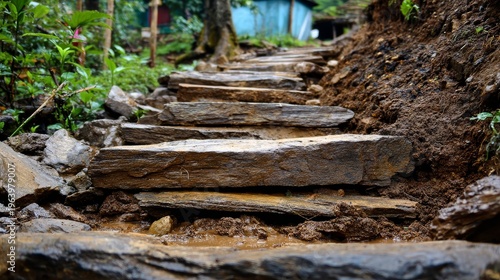 Worn stone steps climb a muddy forest trail