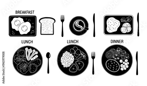 Meals Set Vector Illustration – Breakfast, Lunch, and Dinner Food Collection