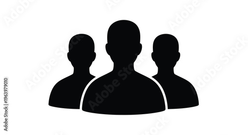 This image displays a simple black silhouette of three human heads positioned closely together suggesting a group high quality professional detailed