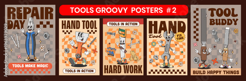Construction and repair tools y2k groovy characters funky posters. Cartoon vector retro fix hand tools wrench, screwdriver, plier or saw, hammer and nail. Screw bolt, nut or work hardware with slogans