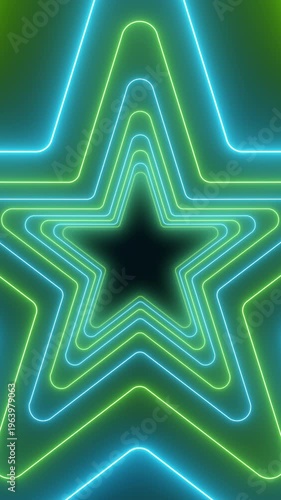 Vertical video animation of many stars in neon green and neon blue on dark background - abstract background - seamless loop.