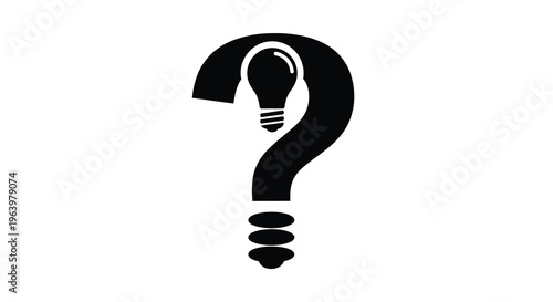A black silhouette depicts a question mark cleverly incorporating a lightbulb symbolizing an idea or solution high quality professional detailed modern