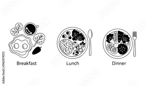 Minimal Breakfast Lunch Dinner Vector Illustration – Daily Meals Food Set