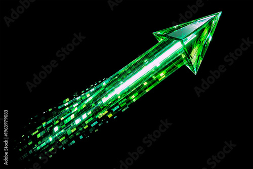 green glowing arrow, 3d crystalline success icon, sustainable growth