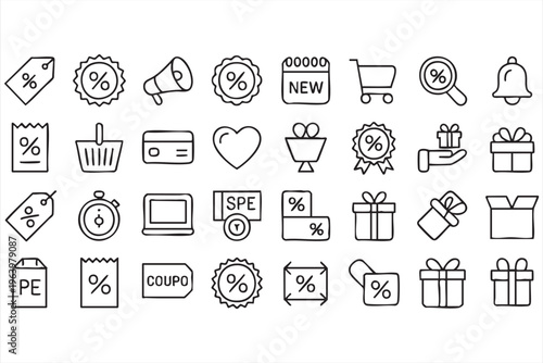 Discount and sale line icon set for shopping offers and ecommerce marketing