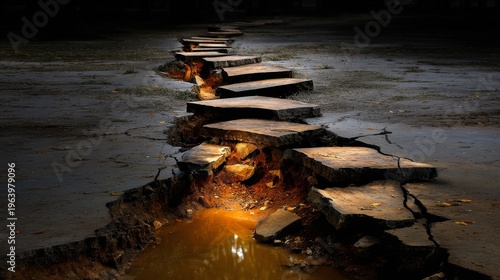 Dark puddle reflects warm light from cracked concrete steps