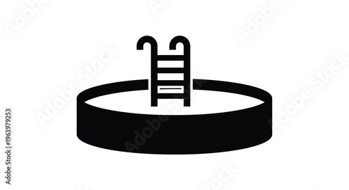 A simple black and white illustration depicts a circular swimming pool with a ladder extending into it high quality professional detailed