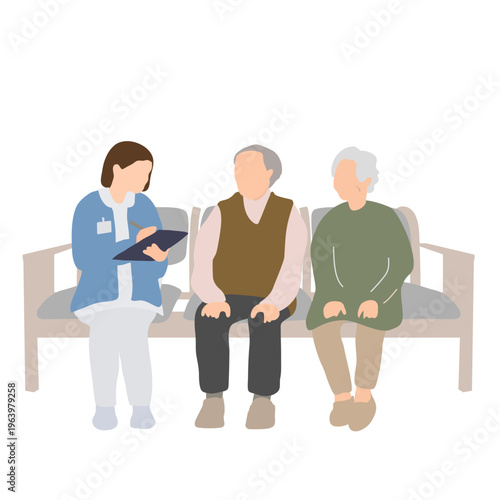 待合室で高齢の夫婦に説明する看護師のシーン