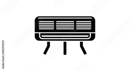 A simple black and white line drawing depicts a modern indoor air conditioning unit commonly wall mounted high quality professional detailed