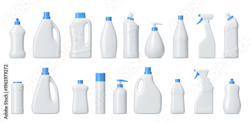3d realistic detergent, laundry and cleaner bottles, household chemical product packages. Vector plastic tubes, blank packages of cleanser, liquid soap and stain remover, bleach containers mockup