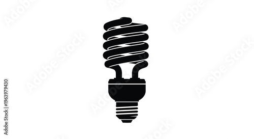 A stark black and white illustration depicts a compact fluorescent lamp commonly known as a curly lightbulb on a white background