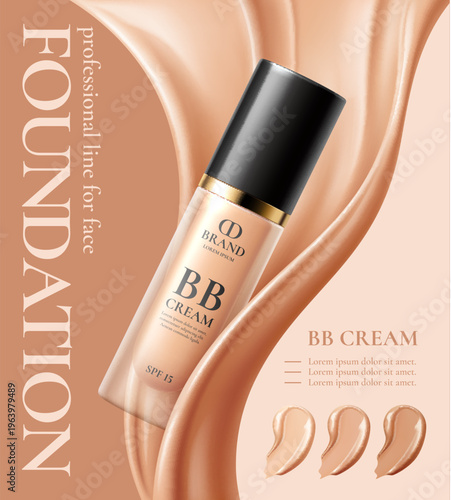 Realistic foundation cosmetics cream. 3d vector beauty product advertising banner. Bb cream cosmetic makeup, skincare face product bottle with beige creamy texture, smooth coverage or luxury packaging