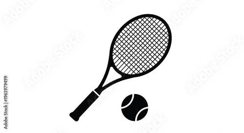 A simple black and white illustration depicts a tennis racket positioned above a tennis ball showcasing sporting equipment high quality professional