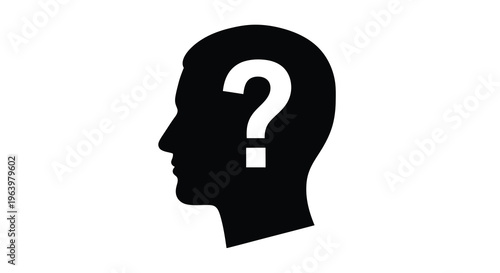A stark silhouette of a human head in profile contains a large white question mark symbolizing inquiry high quality professional detailed