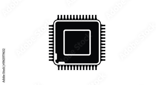 A stark black and white illustration depicts a microchip showcasing its complex internal structure and numerous pins high quality professional detailed