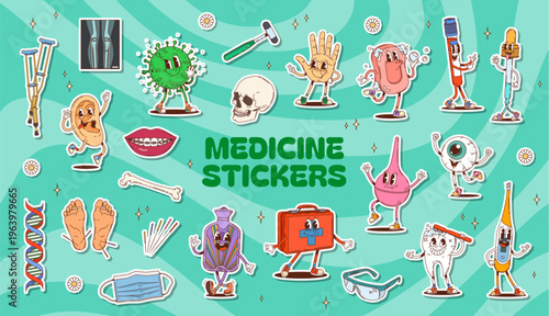 Groovy medicine characters stickers of skull, dna helix, crutches, reflex hammer, teeth and syringe, first aid kit, cotton swab, thermometer and virus germ. Vector retro y2k medical item personages