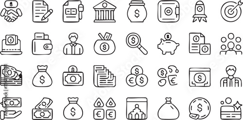 Financial technology and money management outline icons for corporate and startup design