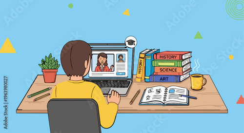 Student Attending Online Class on Laptop with Teacher, Flat Vector Illustration of E-Learning Education Concept with Books, Notebook and Study Desk
