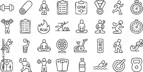 Modern fitness and exercise icons collection for gym apps and wellness platforms