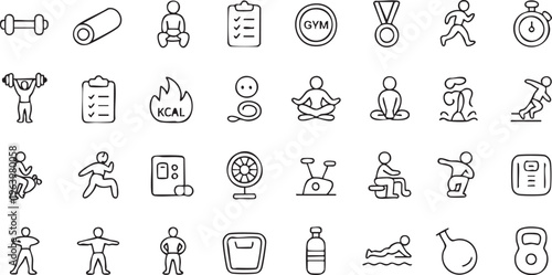Fitness and gym workout line icons set for sports training and active lifestyle design