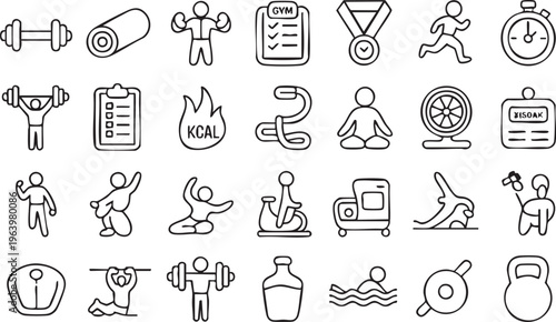 Workout and training vector icons featuring cardio, strength and health lifestyle elements