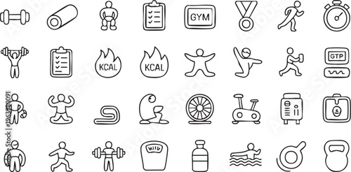 Athletic training and fitness icons set for performance, endurance and strength themes