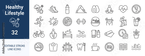 Healthy Lifestyle Line Icons Set. Fitness, Diet, Wellness, Editable Stroke Vector