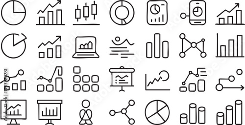 Corporate analytics and reporting icon set for performance tracking and insights