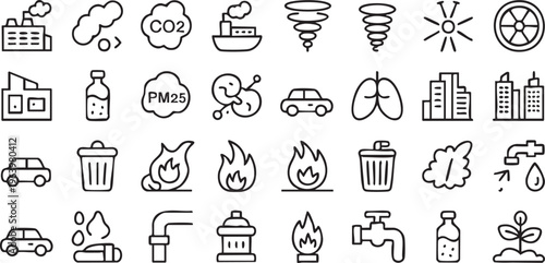Pollution and emission outline icons for air quality, waste and environmental impact