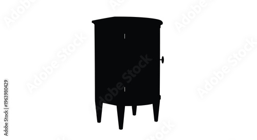 A stark silhouette depicts a vintage dark colored cabinet with a rounded shape and small tapered legs high quality professional detailed