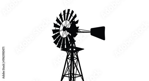 A striking black silhouette depicts a classic metal windmill against a pure white background emphasizing its form high quality professional detailed