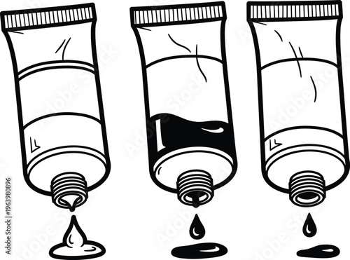 Three tubes of toothpaste with caps off and toothpaste squeezing out