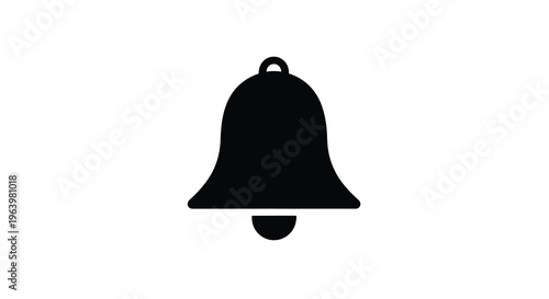 A simple black silhouette depicts a classic bell shape with a rounded top and clapper isolated on white high quality professional