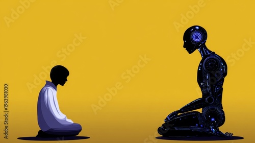 Silhouetted human and robot face each other in calm meditation