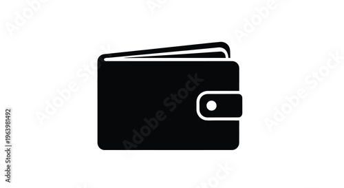 A simple black silhouette depicts a closed bi fold wallet with a snap closure suggesting finance and personal belongings high quality