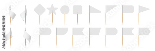 Wooden toothpick white paper flag, food pennants. 3d vector set of small food sticks and markers for appetizers, snacks, desserts and buffet decor. Realistic isolated tooth picks or skewers on poles