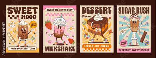 Sweet dessert characters on Y2K groovy posters with funny pastry, cartoon vector. Groovy retro posters with funky chocolate, milkshake with bubble tea and strawberry smoothie dessert with happy face