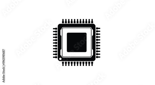 A black and white illustration depicts a microchip showcasing its rectangular shape and numerous pin connections high quality professional detailed modern