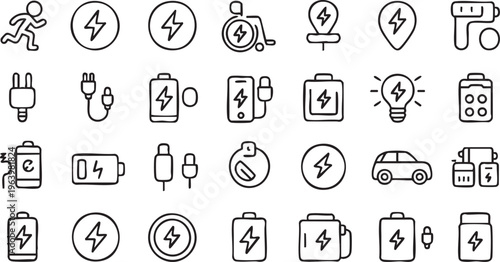 Battery charging and electric power vector icons for energy storage and devices