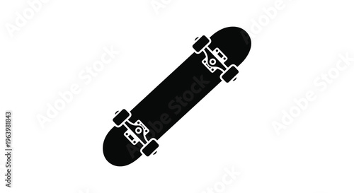 A minimalist black and white illustration depicts a skateboard lying flat showcasing its deck trucks and wheels high quality professional detailed
