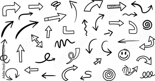 Collection of hand drawn arrows and directional symbols