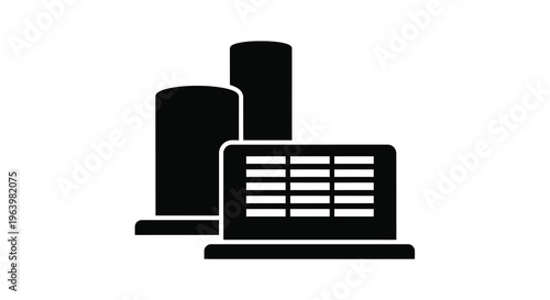 A minimalist black silhouette depicts an industrial complex with cylindrical tanks and a rectangular structure high quality professional detailed modern elegant