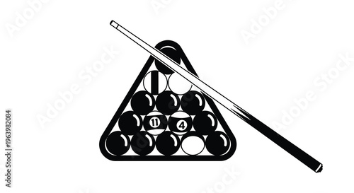 A black and white illustration depicts a racked set of billiard balls with a cue stick poised high quality professional detailed
