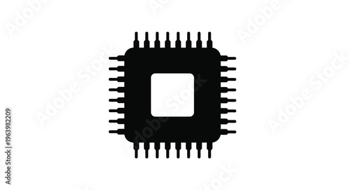 A stark black silhouette depicts a microchip with numerous pins representing modern computing technology and circuitry high quality professional detailed elegant